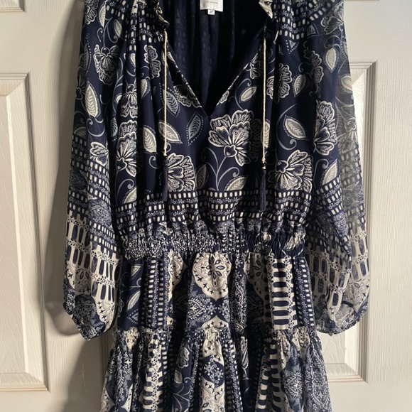 Misa Womens Floral Print Chiffon Pleated V-Neck Dress Navy Blue - Picture 3 of 5